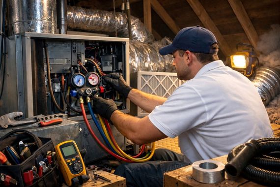 Technician in a basement adjusts HVAC gauges and hoses inside an open utility panel.