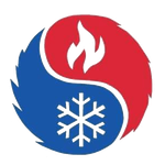 Red and blue yin-yang style symbol with a flame on top and a snowflake below