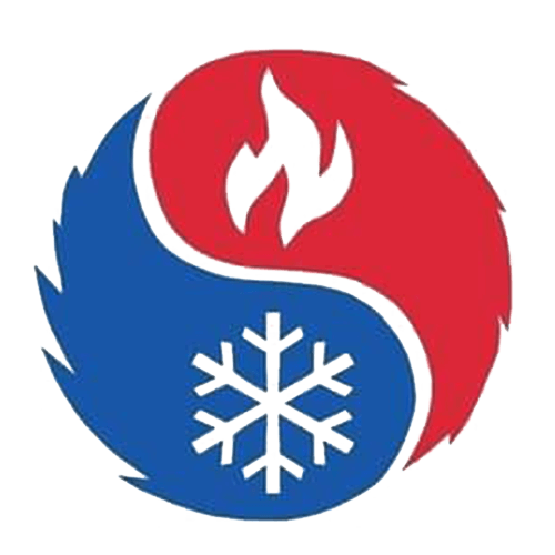 Red and blue yin-yang style logo with a flame and snowflake symbols