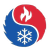 Red and blue yin-yang style symbol with a flame on top and a snowflake below