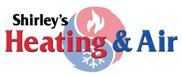 Shirley&rsquo;s Heating & Air logo with red and blue text and a circular flame/snowflake icon
