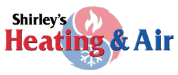 Shirley’s Heating & Air logo with red and blue text and a circular flame/snowflake icon