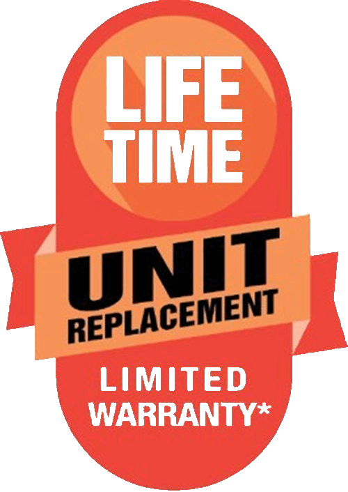Lifetime unit replacement limited warranty badge in red, orange, and black text