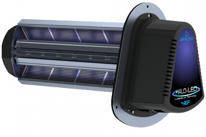 Black handheld UV-C sanitizer wand with purple LEDs and a gridded tube design