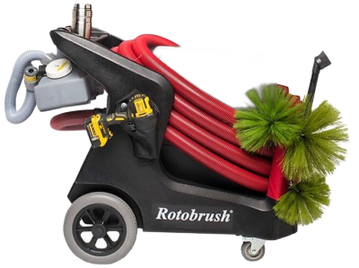 Red industrial cleaning machine with hoses, brushes, and wheels labeled “Robobrush”