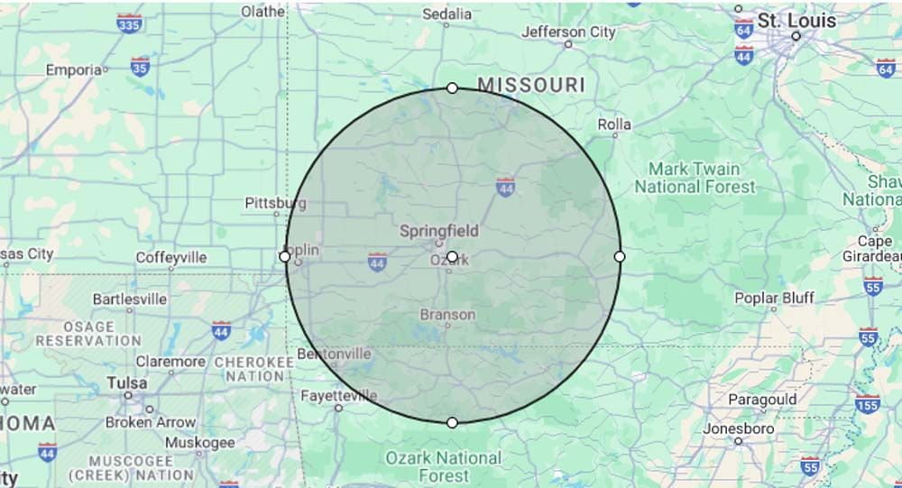 Map of Missouri with a large black-outlined circle centered over mid-Missouri.