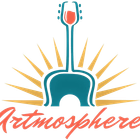 Logo: teal guitar with wine glass head, orange sunburst, "Artmosphere" in coral.