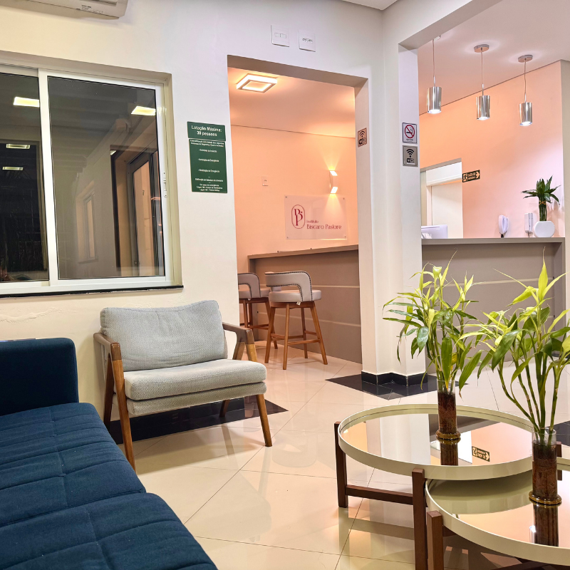 Uma sala de estar com um sofá, cadeiras, mesas e plantas.