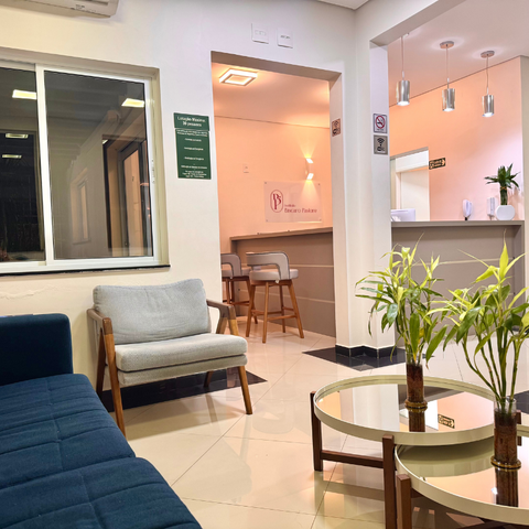 Uma sala de estar com um sofá, cadeiras, mesas e plantas.