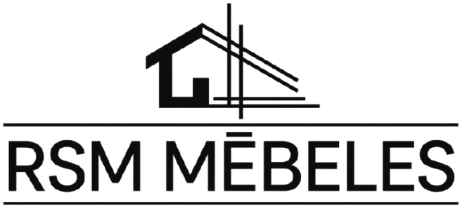 RSM MĒBELES logotips ar mājas un mēbeļu līnijas ikonu melnā un pelēkā krāsā