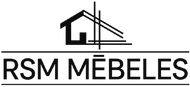 RSM MĒBELES logotips ar mājas un mēbeļu līnijas ikonu melnā un pelēkā krāsā