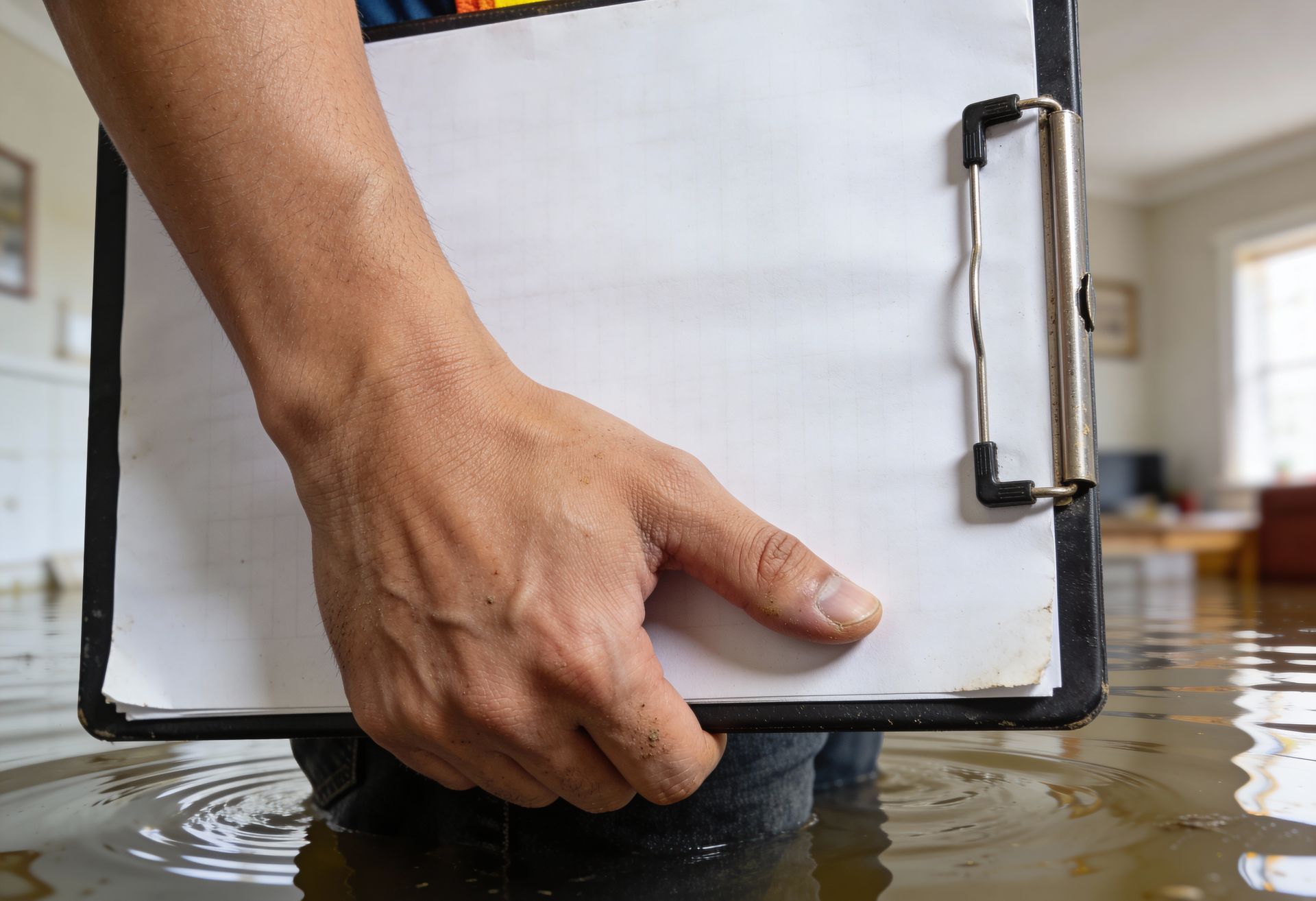 A person holding a clipboard stands in flooded water inside a room, indicating an inspection