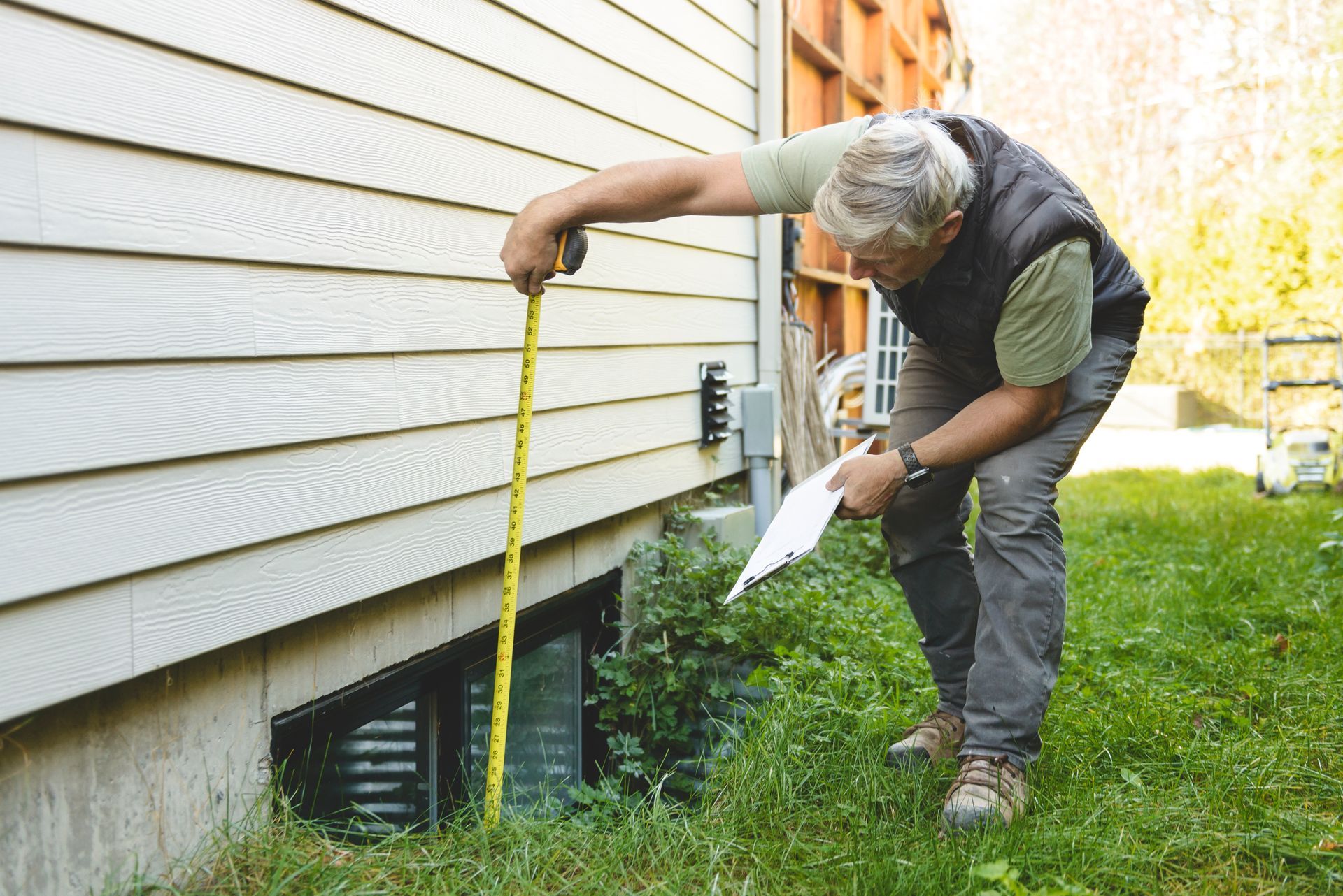 A public adjuster is inspecting the structure of a house.