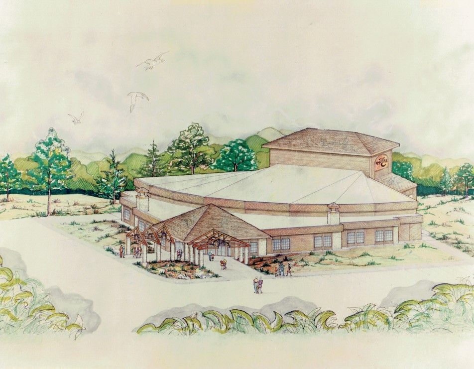 Watercolor rendering of a low-slung, multi-sectioned building with a circular central structure