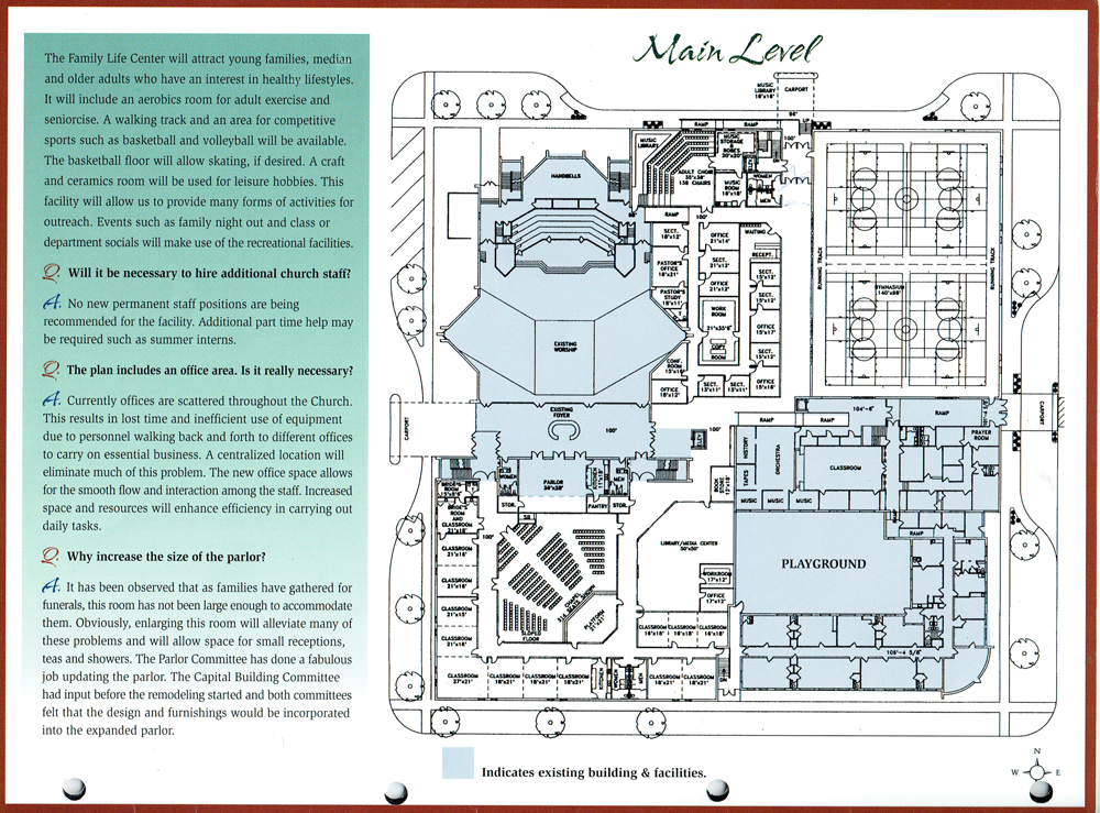 Main Level floor plan of a building, highlighted sections in blue. Text describes features like auditorium and classrooms.