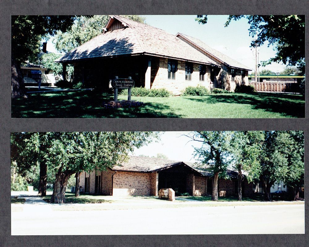 Two views of a brick building with a gabled roof, surrounded by trees and grass.