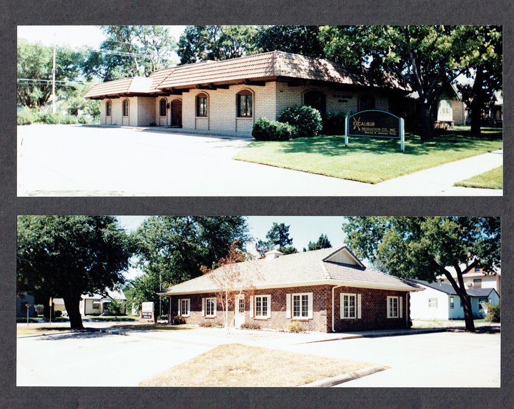 Two exterior views of a one-story brick building with a brown roof and a sign on the lawn.