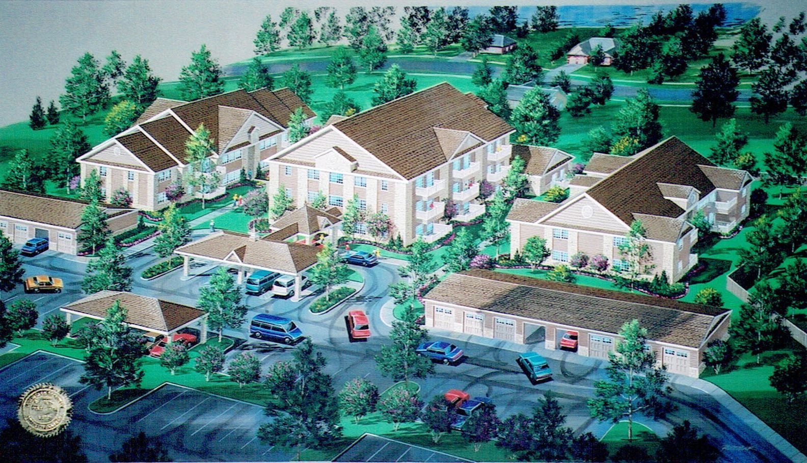 Watercolor rendering of a residential community with multi-story buildings, trees, parked cars, and paved roads.