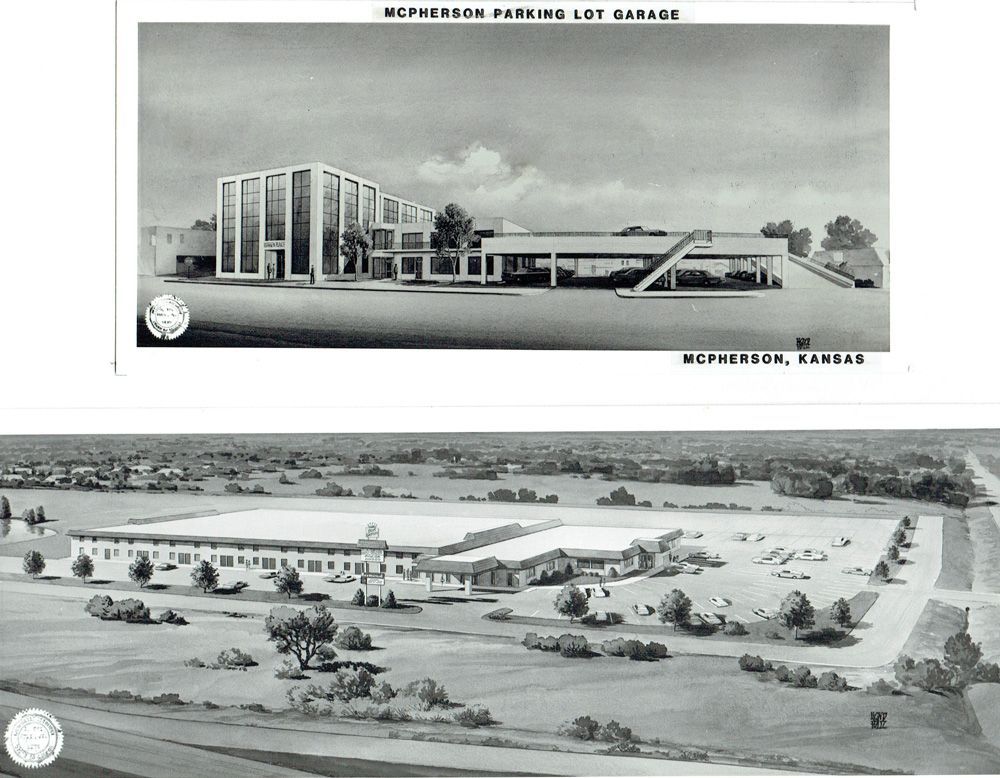 Two architectural renderings: McPherson Parking Lot Garage, McPherson, Kansas. Exterior views, black and white.