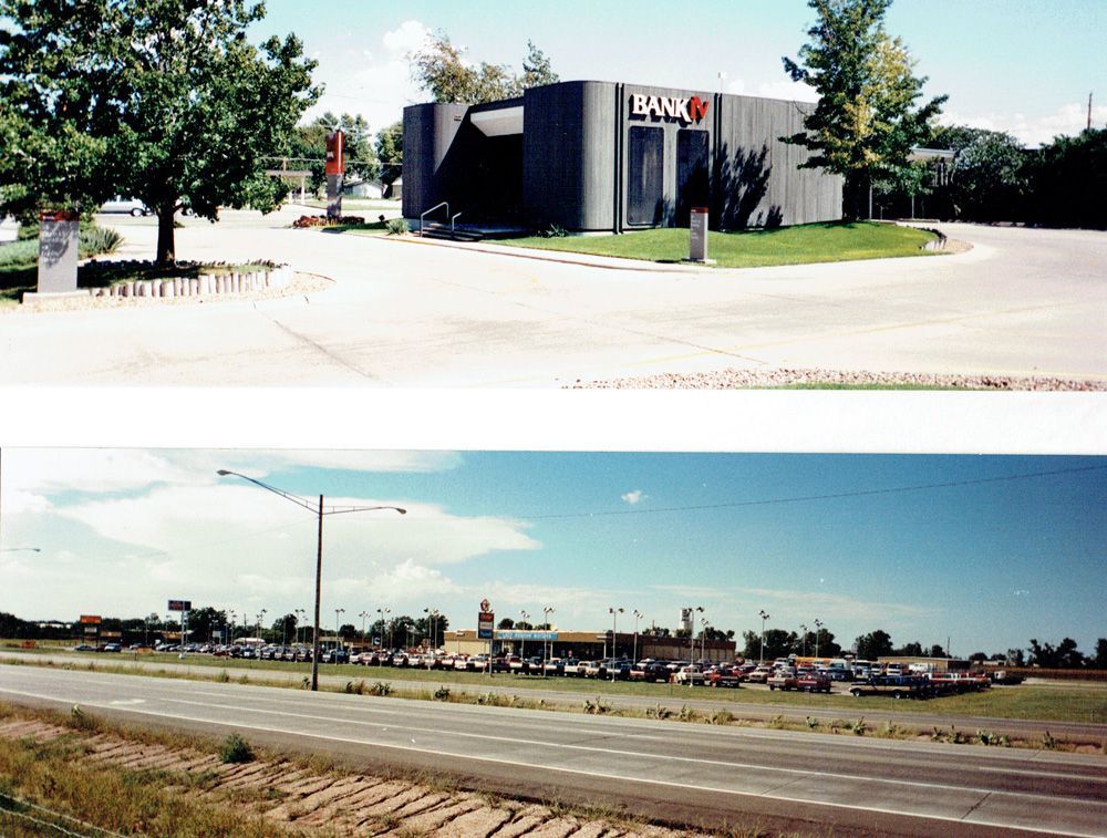 Two views: a dark building with 