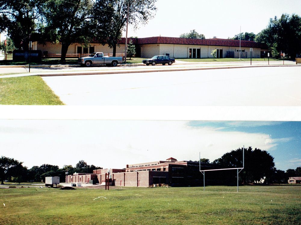Two views of a light-colored building with a red tile roof, one from a street and the other from a grassy field.