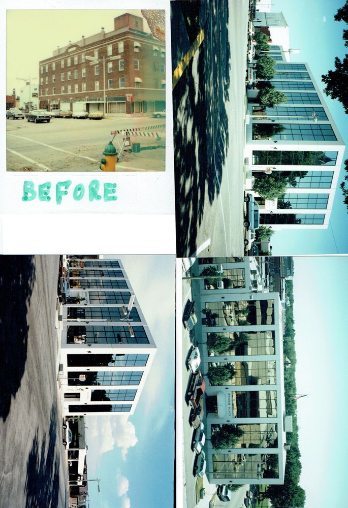 Top left: Polaroid photo of an old brick building. Remaining images: modern white and glass building.