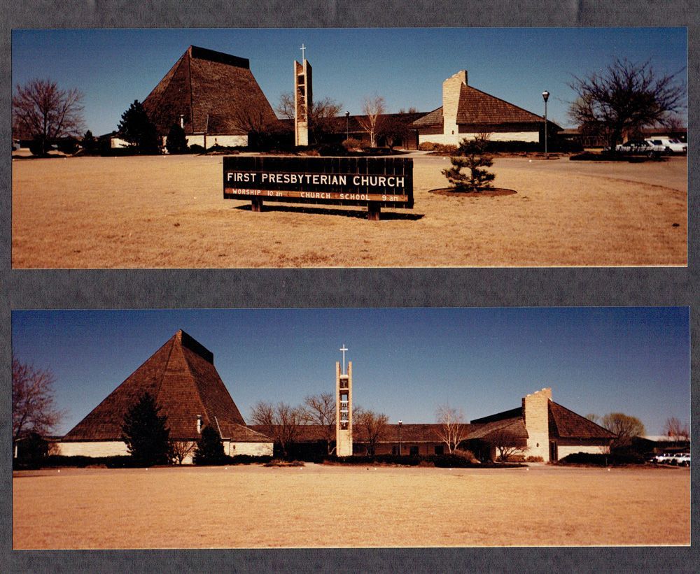 Two views of First Presbyterian Church, featuring a prominent pyramid-shaped roof and a tall bell tower.