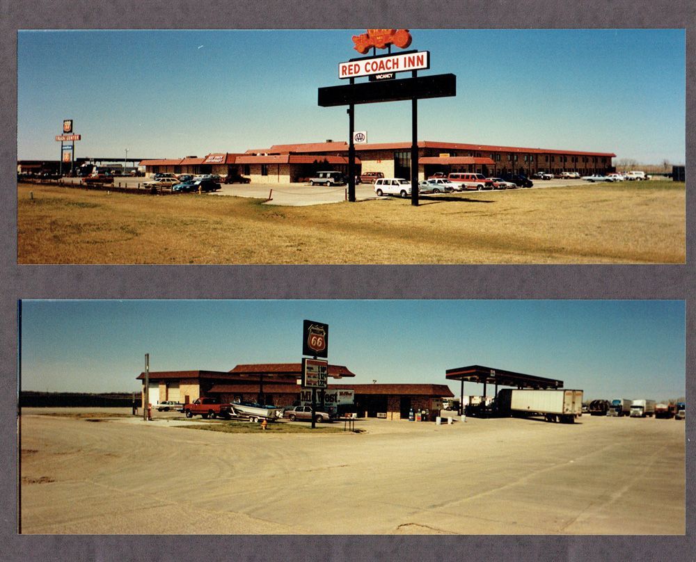 Two views of Big Coach Inn motel and adjacent truck stop under a blue sky.