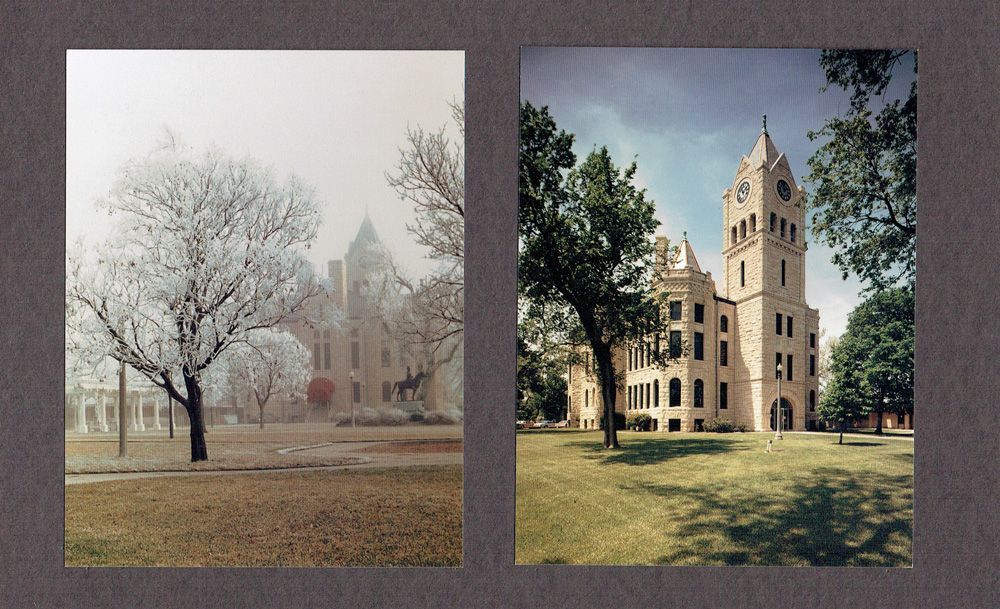 Two views of a building with a clock tower. One in winter with frosted trees, the other in summer with green grass and trees.