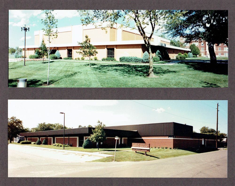 Two views of a brick and tan-colored building with green grass and trees, likely a school.