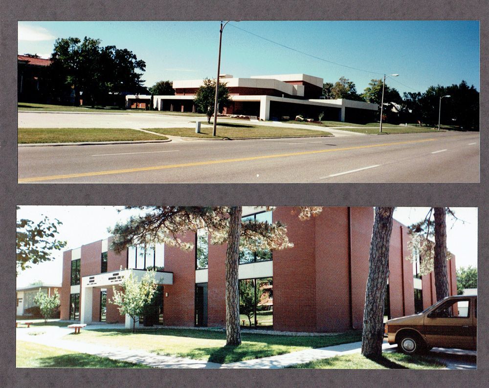Two-panel image of a brick building from different angles. One view is from the street, the other from the ground level.
