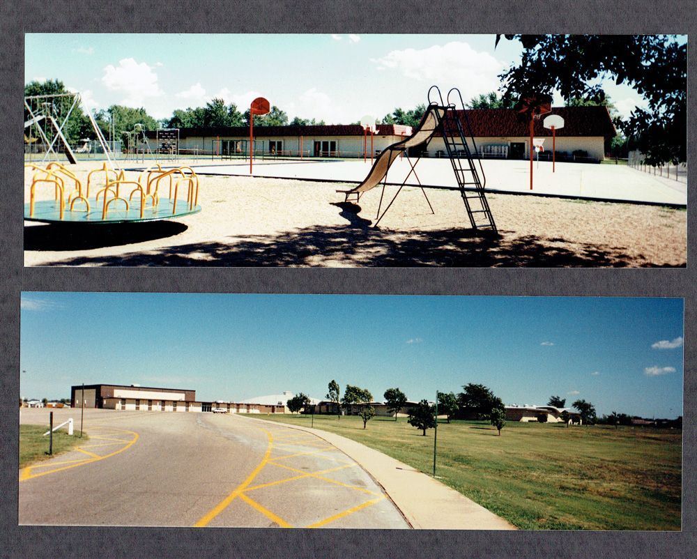 Two schoolyard photos: playground with swings, slides, and basketball hoops; 