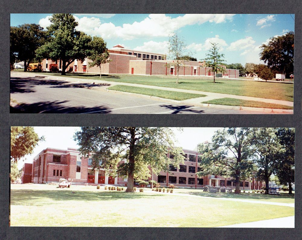 Two panoramic views of brick buildings and grassy areas with trees under a blue sky.