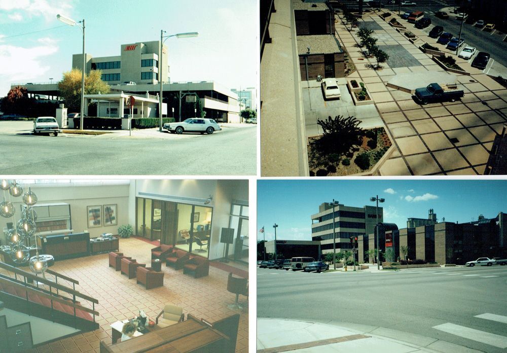 Four photos: building exteriors, parking, and interior lobby with chairs. Cars present.