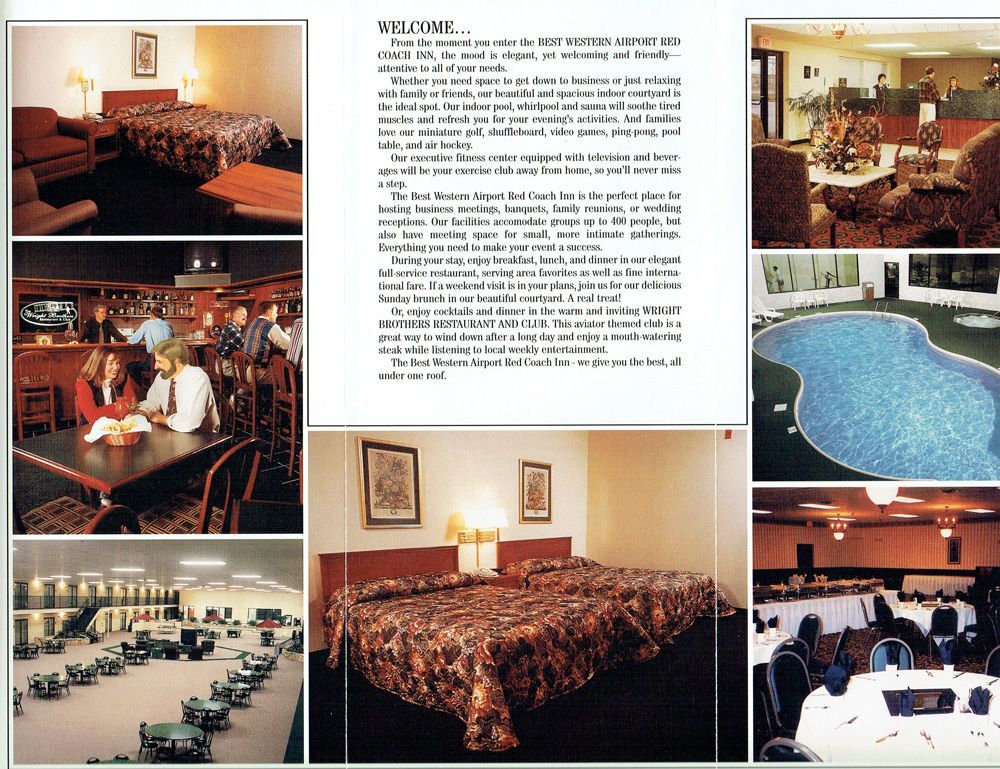 Brochure with hotel photos, including rooms, bar, pool, meeting area.
