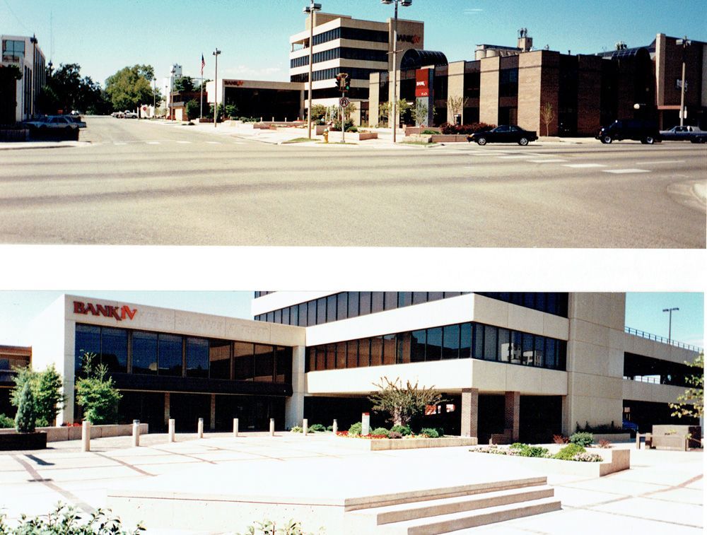 Two views of a bank building on a street corner. The top image shows the street view, the bottom one is a close-up.