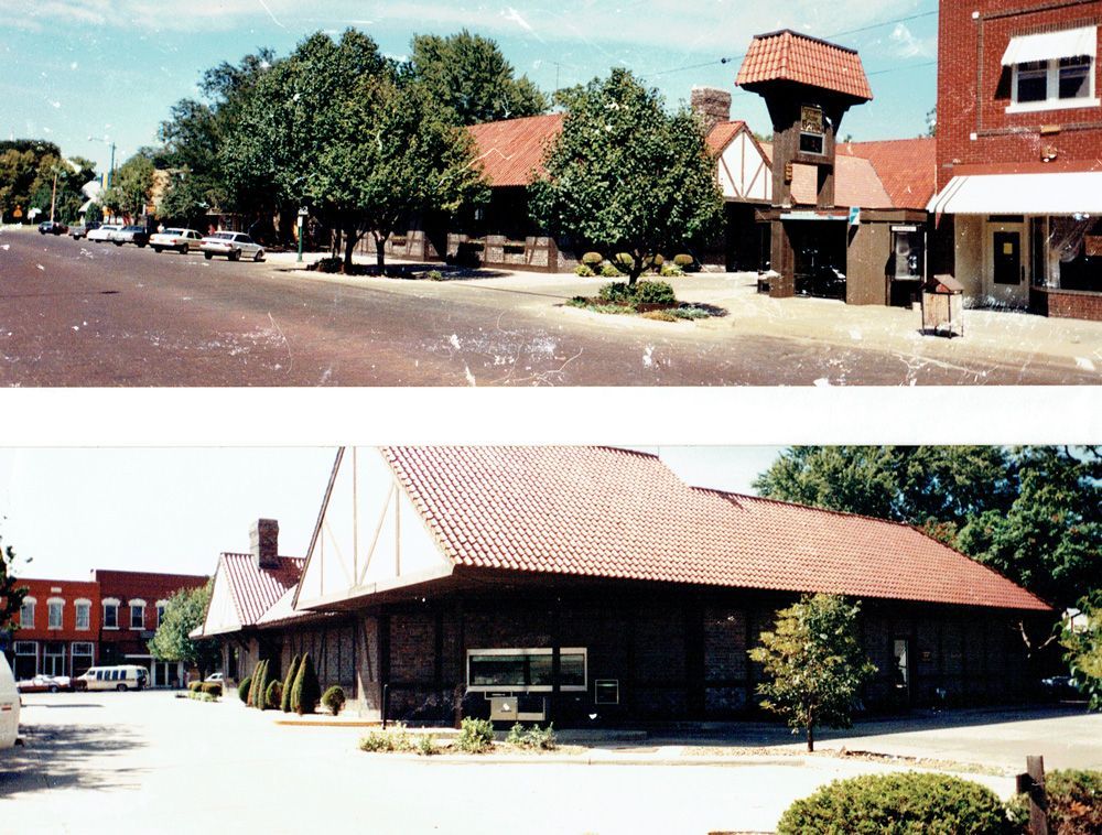 Two views of a building with a red tiled roof and Tudor-style facade; a street with cars and trees in the background.