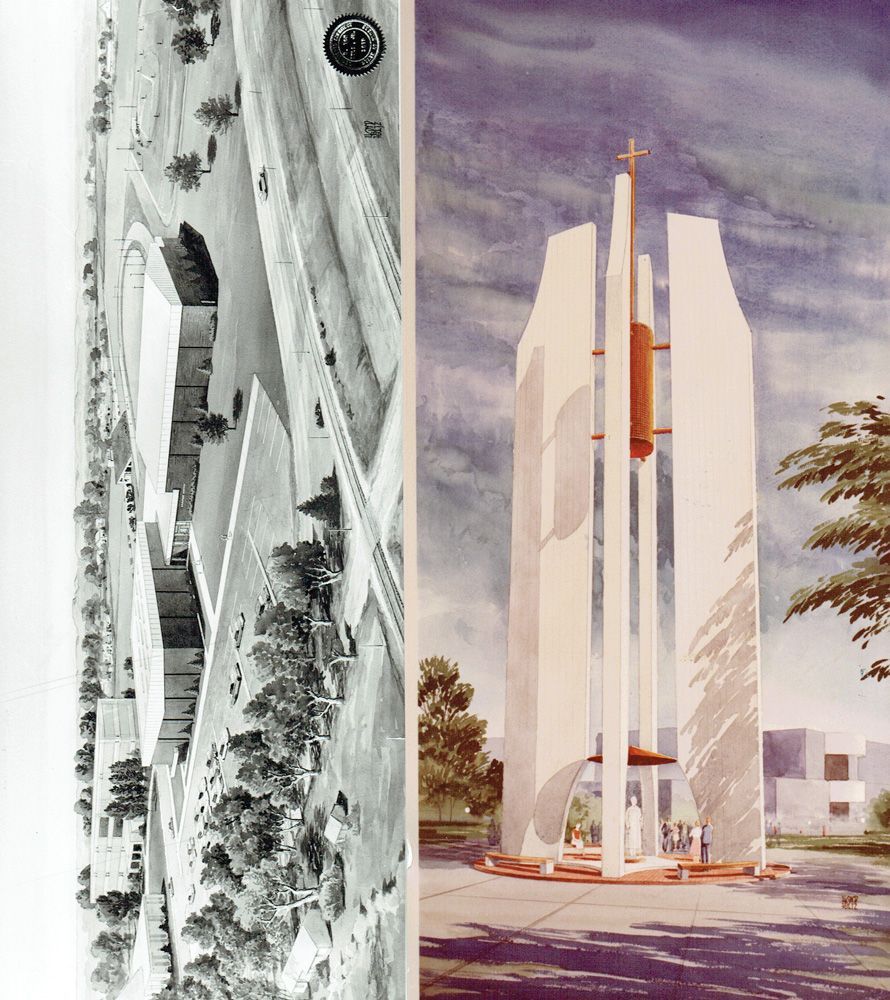 Architectural renderings: aerial view of a modern building complex and a tall, abstract monument with a cross, set outdoors.