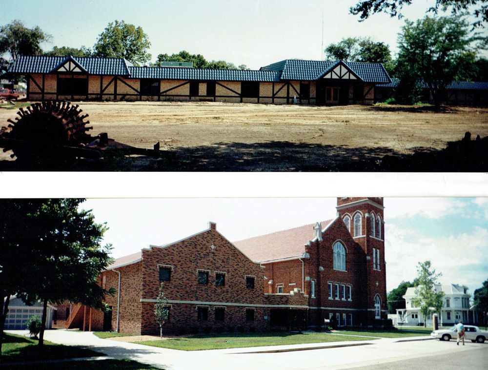 Top: Building with brown timber-frame facade. Bottom: Brick church with steeple and trees.