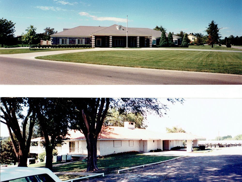 Two views of a low, light-colored building with a curved roof on a grassy plot with trees.