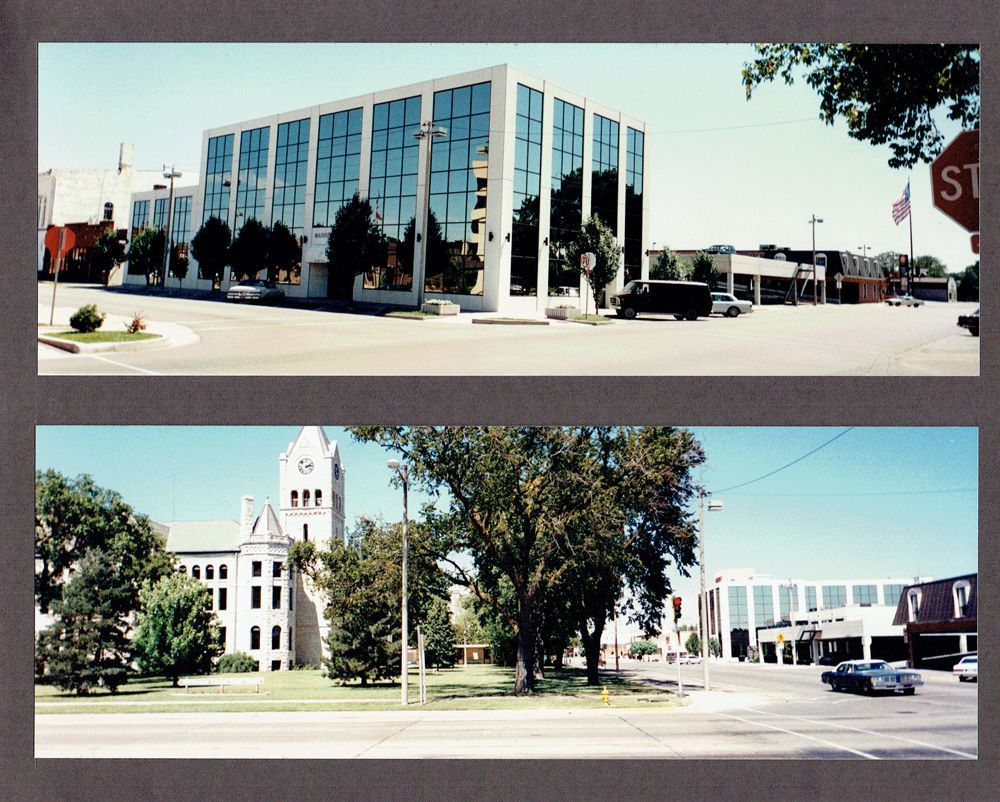 Two side-by-side images of buildings: A modern glass office building and a historic courthouse, both on sunny days.