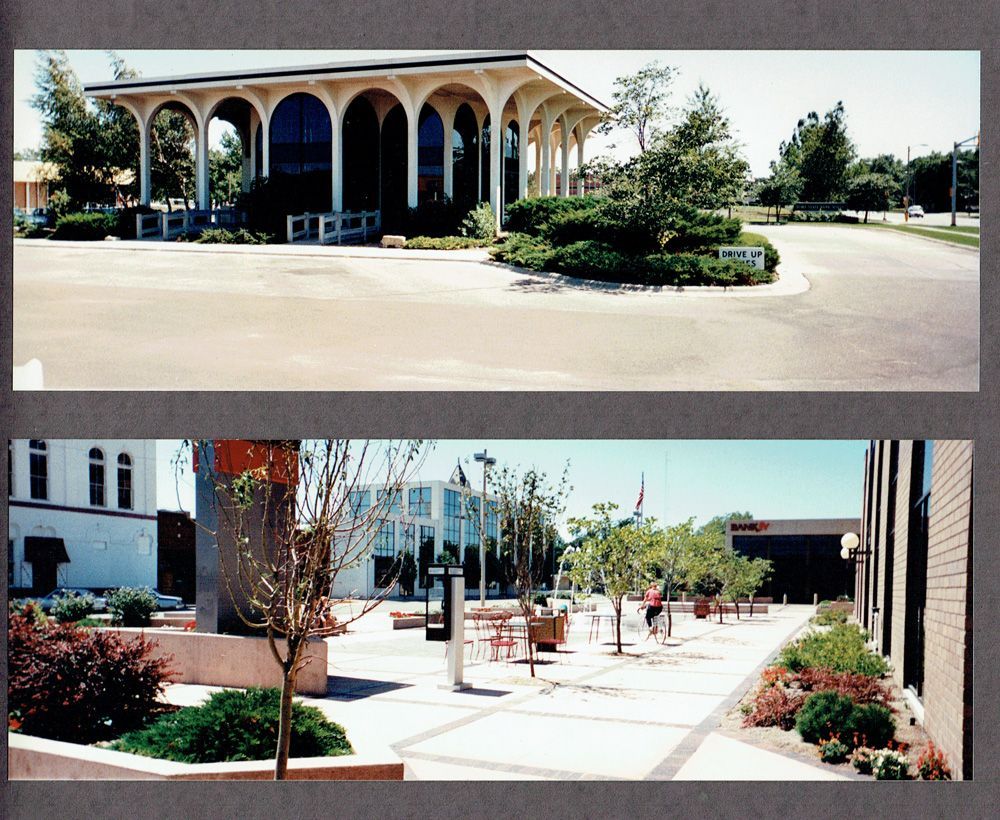 Two photographs showing the exterior of a building with arched windows and a plaza with trees and benches.