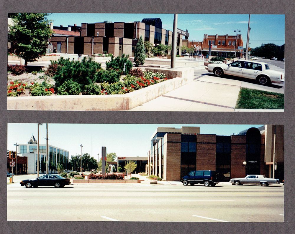 Two panoramic views of a street with buildings, cars, and landscaping in sunny weather.