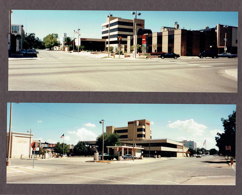 Two photos show a street intersection with low buildings under a blue sky.