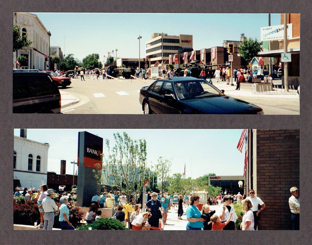 Two photos: a street scene with cars and people, and a bank sign with more people gathered.