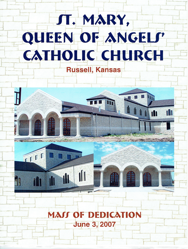 St. Mary, Queen of Angels' Catholic Church dedication program cover. Russell, Kansas, with church photos.