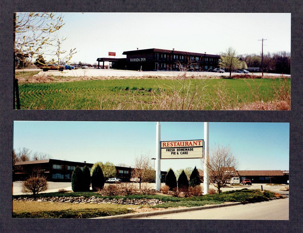 Two photos of a motel: a low, dark building with a sign, and another view with a restaurant sign.