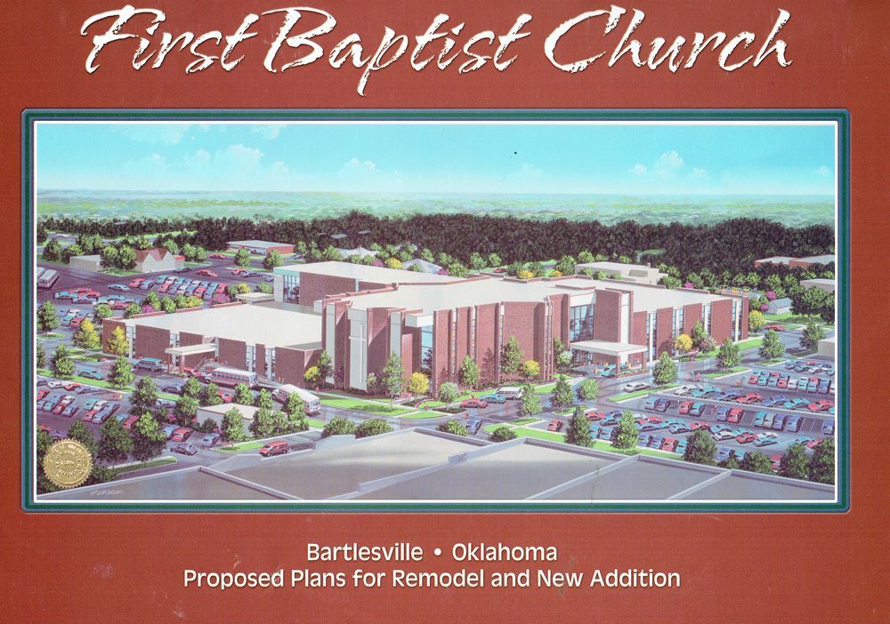 Architectural rendering of First Baptist Church in Bartlesville, Oklahoma, showing a new addition and remodel.