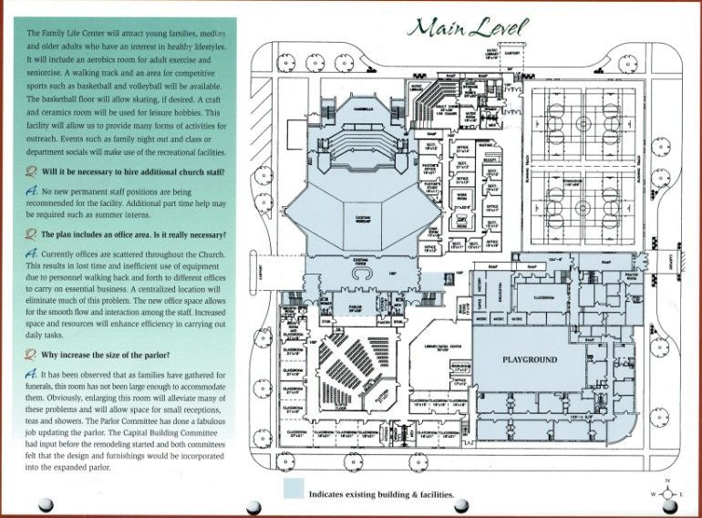 Floor plan of a building's main level, shaded areas show existing facilities. Includes a playground and various rooms.