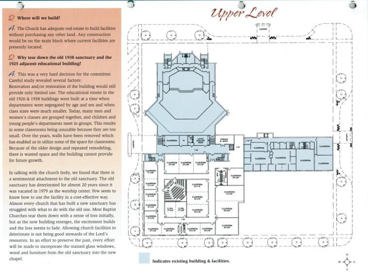 Upper level floor plan with rooms and text; indicates existing and planned facilities.